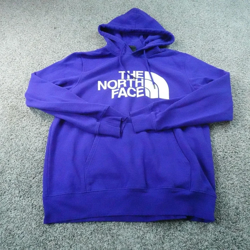 North Face Hoodie Mens L Blue Logo Graphic Fleece Pullover Sweatshirt Outdoor